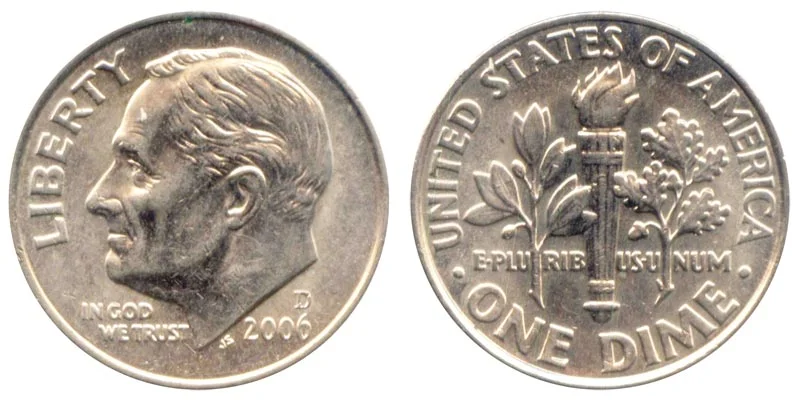 2006 Roosevelt dime obverse and reverse showing mint luster