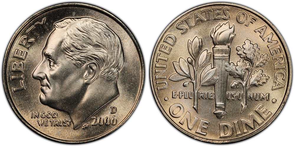Side-by-side comparison of 2006 dime reverse: weak bands vs Full Bands designation