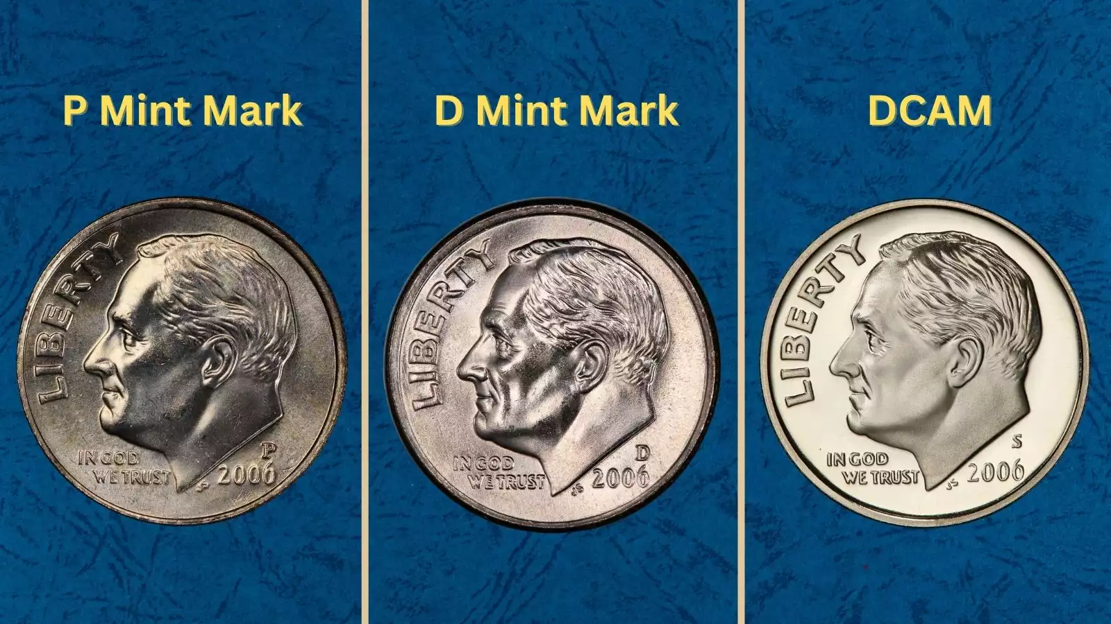 Group of 2006 Roosevelt dimes in various grades arranged on dark velvet