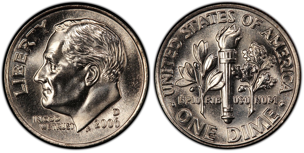 Grading strip showing 2006 Roosevelt dimes from worn to gem uncirculated condition